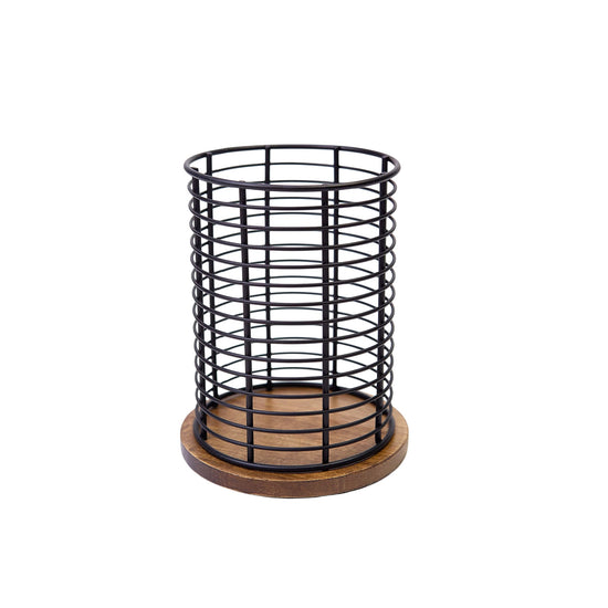 Iron and Bamboo Utensil Holder Black 13 x 13 x 17 cm