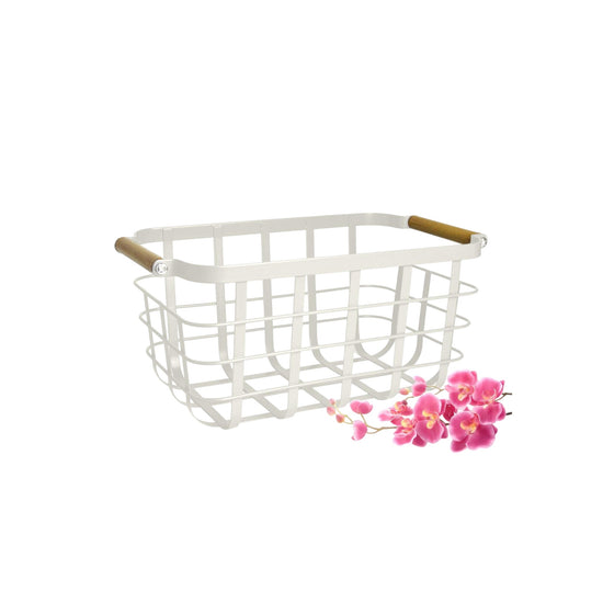 Iron and Bamboo Storage Basket White 29.4 x 20 x 15.3 cm