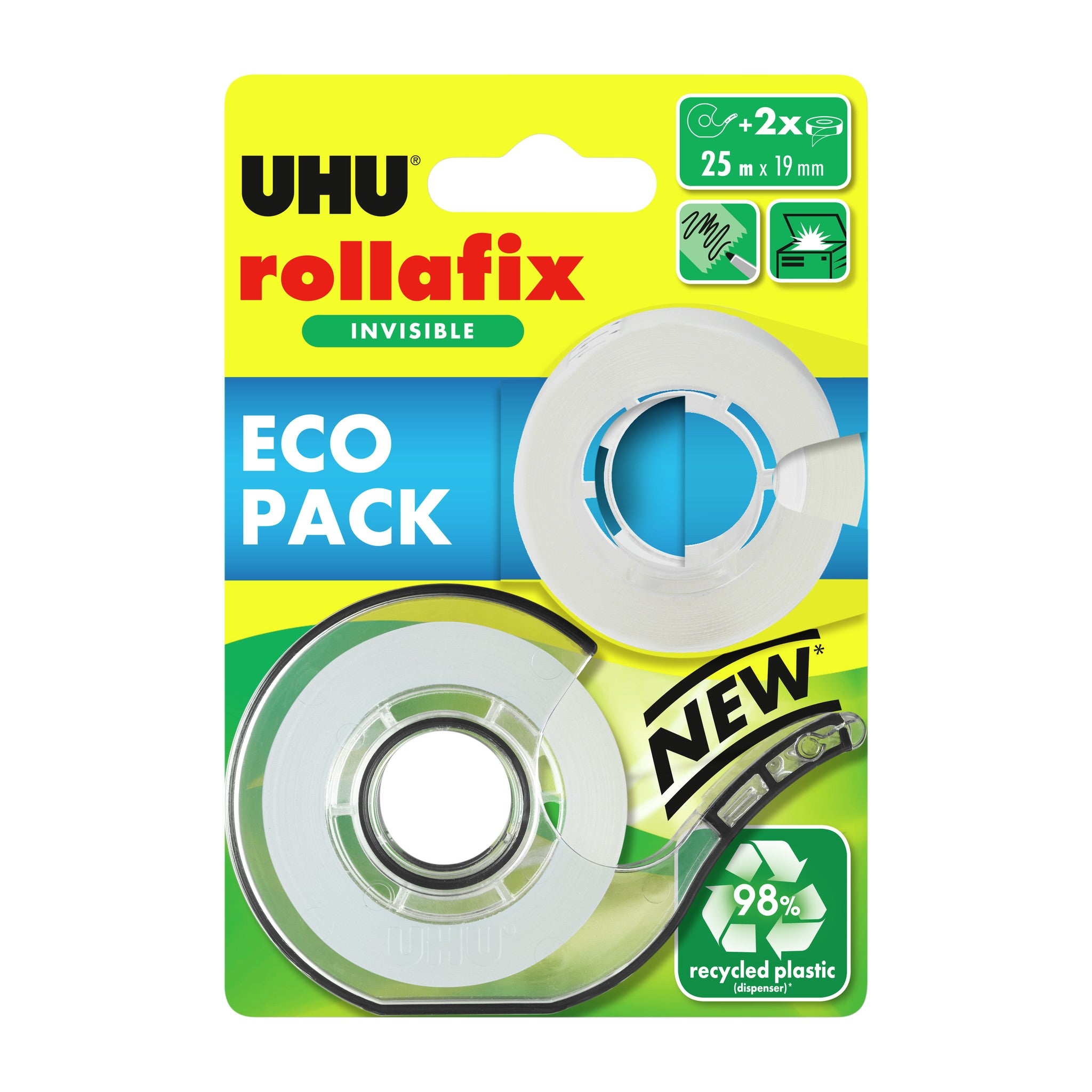 UHU ECO ROLLAFIX INVISIBLE TAPE 25M WITH DISPENSER + 25M REFILL