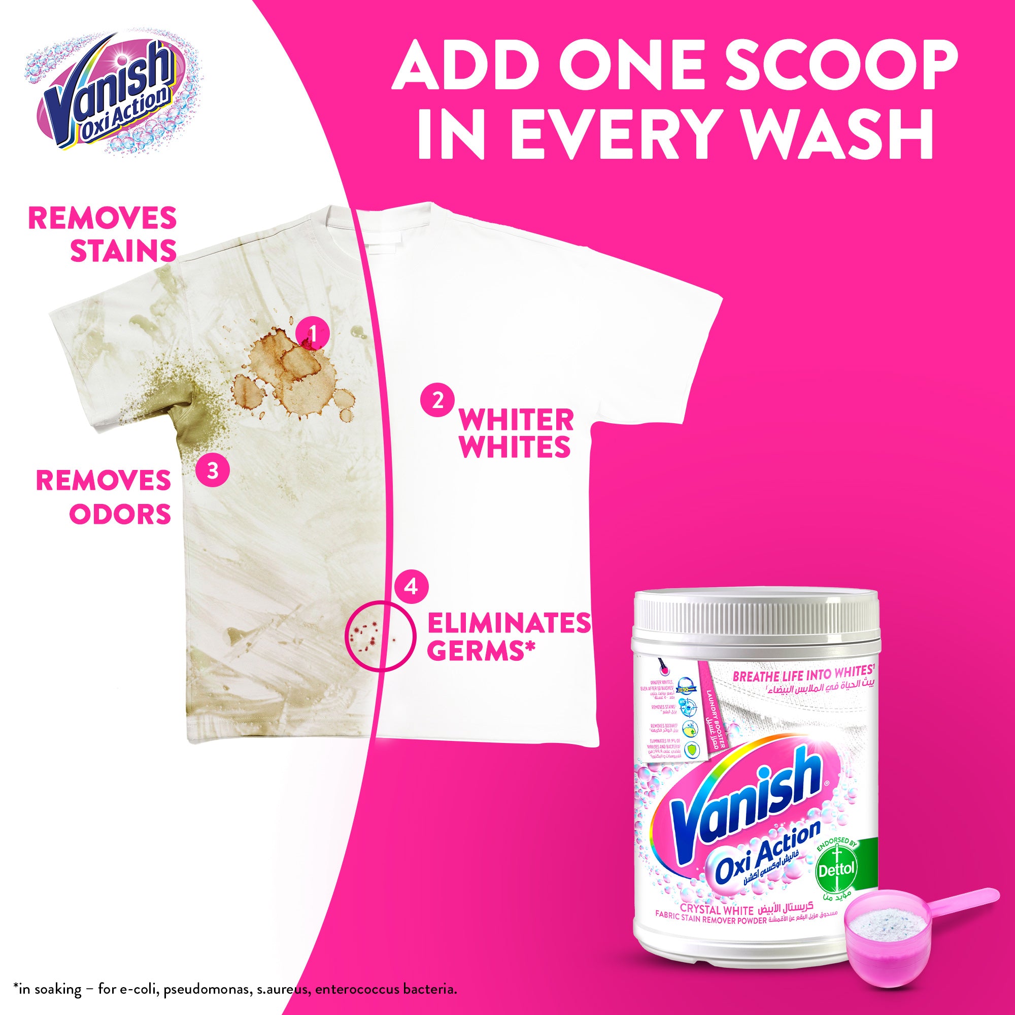 Vanish Oxi Action Stain Remover Powder For Coloured & White Clothes 500g