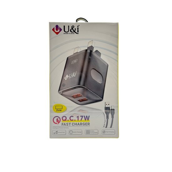 U&I 17W 2 Usb Charger With Type C Cable